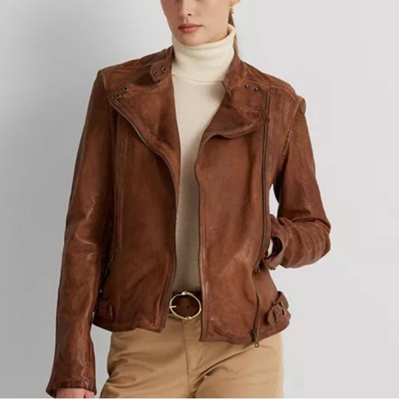 Lauren Ralph Lauren Burnished Leather Moto Bomber Jacket Dark Walnut